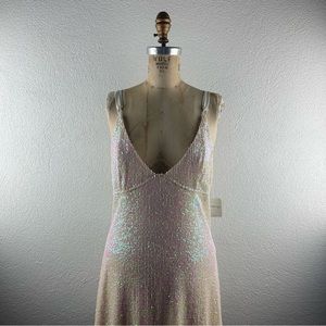Free People l M Iridescent Sequin Tie Halter Neck Icicle Pearl Combo Tunic Dress